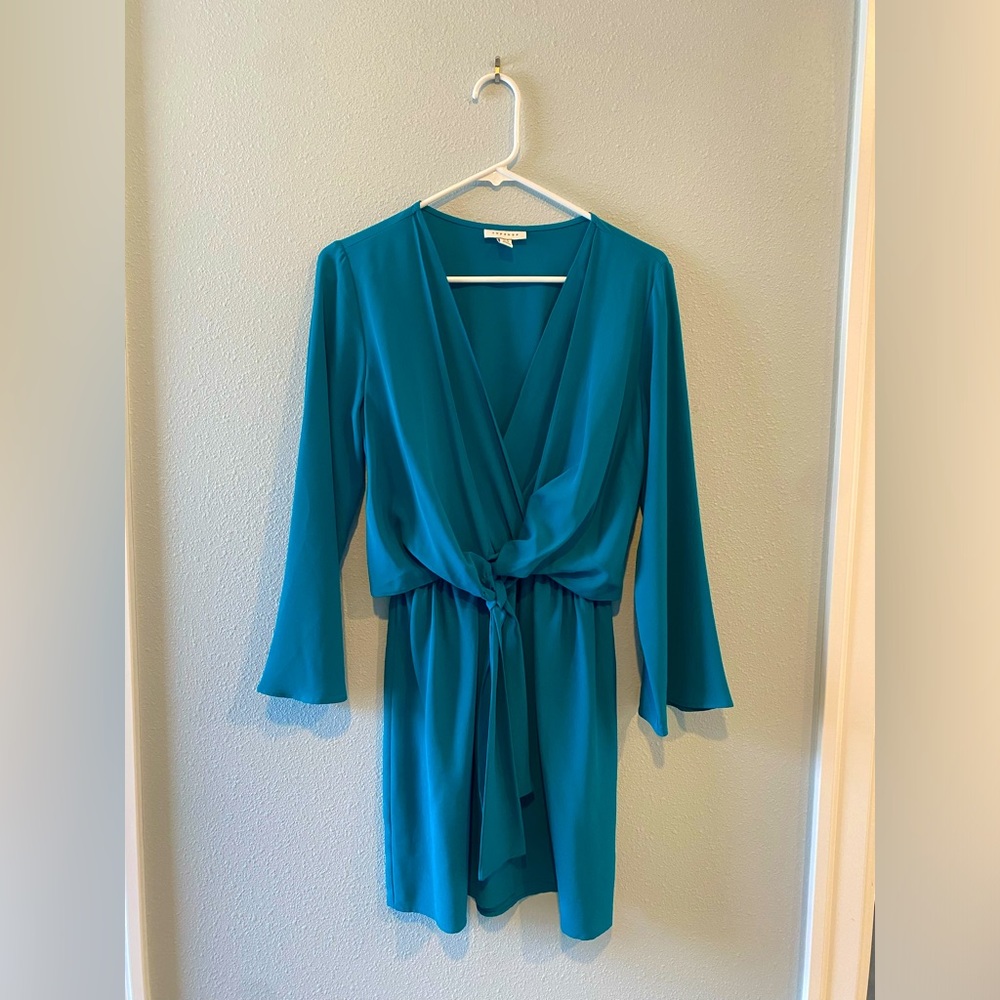 Topshop Dark Teal Tie Front Mini Dress, Size 6, EUC